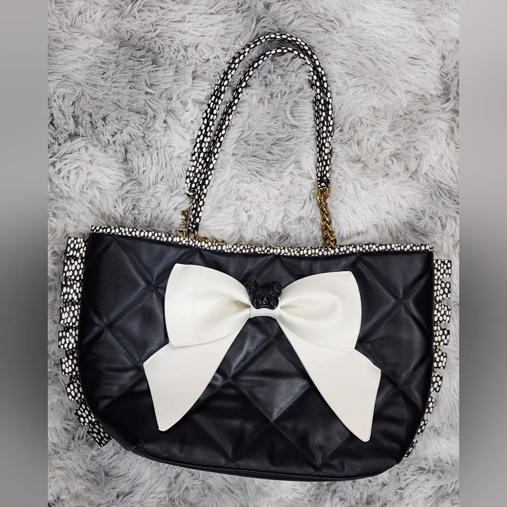Betsey Johnson | Frenchie Bull Dog Bow Vegan Leather Quilted Tote | Black/White - Picture 5 of 14